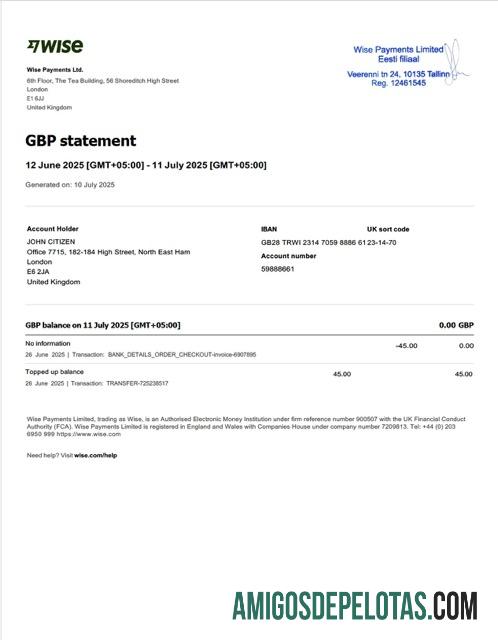 Extrato de conta do UK Wise Payments para download, modelo Word e PDF